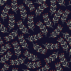 Cartoon illustrated seamless vector pattern with wild plants and berries on dark blue background