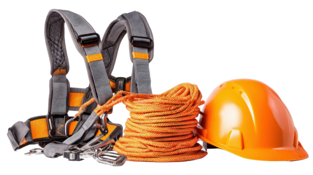 Fall protection equipment including harness, rope, and helmet background isolated on a Transparent background, PNG file.