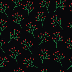 Vector seamless pattern with blue red berries on black background