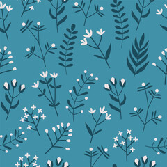 Seamless vector pattern with blue and white flowers