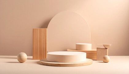 Three round wooden platform on beige background geometric podium pedestal mock up eco scene for presentation of beauty products mockup wooden board
