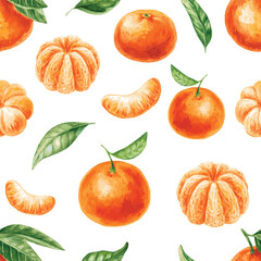 vector seamless pattern with tangerines and their leaves
