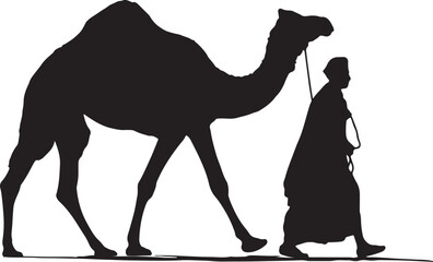 Man leading camel silhouette on white background
