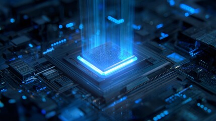 Glowing Central Processing Unit, CPU on a Motherboard with Blue Light