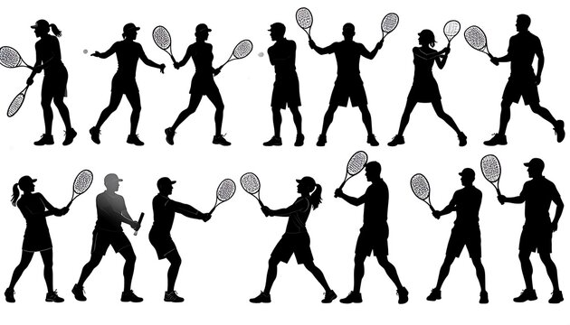 Dynamic collection of tennis player silhouettes in action poses on white background