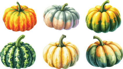 Collection of watercolor illustrated colorful autumn helloween pumpkins in vector format