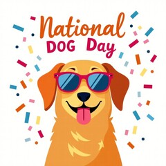 Cartoon golden retriever wearing sunglasses celebrating National Dog Day  