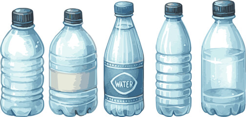 Collection Watercolor vector illustrations of plastic bottles of water