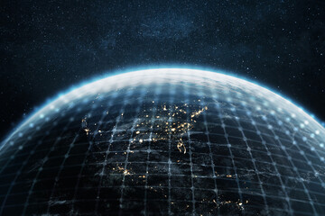 Night planet earth American countries with light lines of communication and connection. Business and finance, concept.  Global communications system and the World Wide Web. Technologies