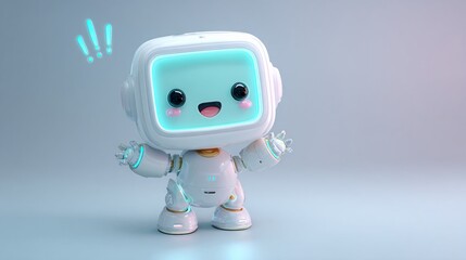 Cheerful White Robot with Glowing Screen and Exclamation Marks, Cute AI