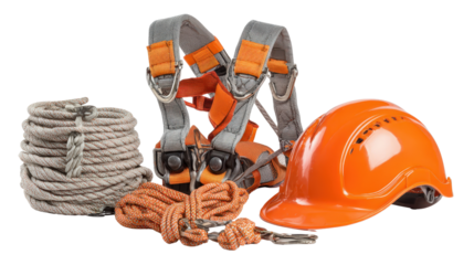 Fall protection equipment including harness, rope, and helmet background isolated on a Transparent background, PNG file.
