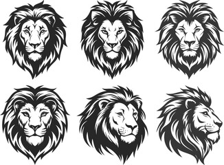 Lion Head Looking Front Back Silhouette | Minimalist Black and White Vector Mascot set