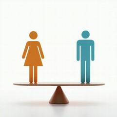 Orange female and blue male icons balancing on scale model  