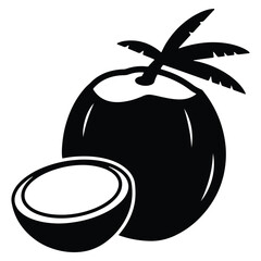 Fresh coconut with palm leaves and a half cut coconut black and white vector illustration