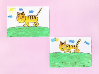 A drawing of a mother and a drawing of a child on a pink background. A sample for a child to draw a cat. Flat lay composition with a child's painting