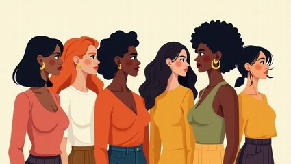 Diverse women standing in profile with varying hairstyles and outfits  