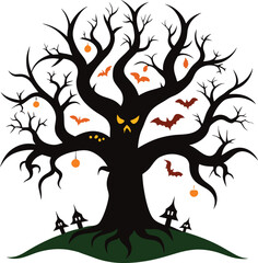 Scary Halloween Tree with Evil Face vector, Illustration.