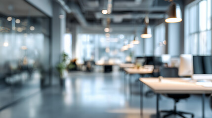Blurred modern office interior background with an empty workspace. quiet business room features desk and blur effect, creating calm, professional feel