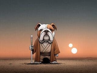 Bulldog in a Star Wars-style robe holding a glowing bone-shaped lightsaber, standing on a desert planet, twin suns in sky, horizontal