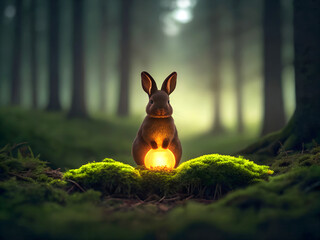 Mystical rabbit holding a glowing orb in a foggy forest