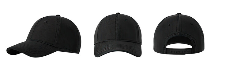 Three views of a black baseball cap