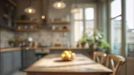 Fototapeta premium Blur background of cozy Scandinavian style kitchen interior. rustic wooden table with natural light creating warm, dreamy, and peaceful atmosphere for home decor concept