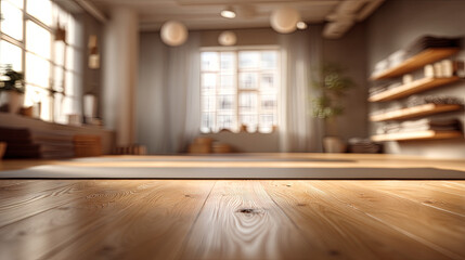 Fototapeta premium Blur Background of yoga studio interior with wooden floor in foreground. background room has soft light from window creating calm and serene atmosphere