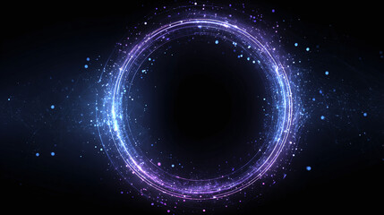Glowing circle comprised of particles and beams of light against a dark background, reminiscent of technological elements and abstract cosmic events.