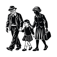 grandparents walking with granddaughter vector silhouette