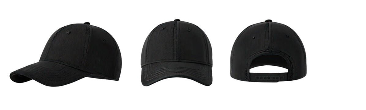 Three views of a black baseball cap