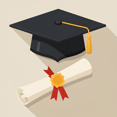 flat illustration of a black graduation cap with a golden tassel placed above a rolled diploma tied with a red ribbon and a golden seal