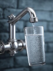 A close-up of water flowing from a stylish tap into a transparent glass. The sparkling water creates a refreshing feel against a dark backdrop.