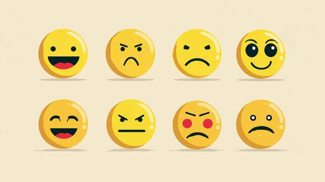 Array of expressive emoji. Depicting a range of feelings from joy and happiness to sadness and anger, these icons capture human emotions in a simple way.