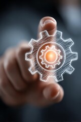 A hand interacting with a digitally sketched gear mechanism, symbolizing innovation and technology in modern industries and businesses.