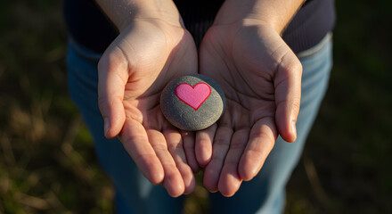  two human hands gently holding a small smooth stone with a pink heart painted on it. The hands are open and cupped together,