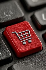 Close-up of a red shopping cart button on a keyboard, symbolizing online shopping and e-commerce. Ideal for websites and marketing materials.