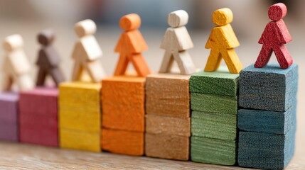 Colorful wooden figures represent teamwork and collaboration. This image symbolizes progress, success, and unity in diverse environments and industries.