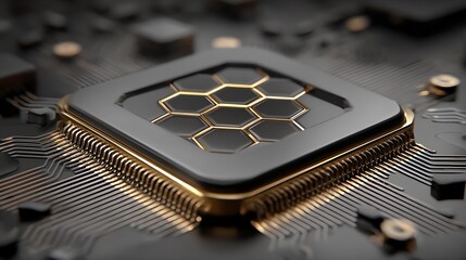 Close-up view of a modern computer chip with a hexagonal design, showcasing intricate details and a sleek gold and black aesthetic for digital innovation.