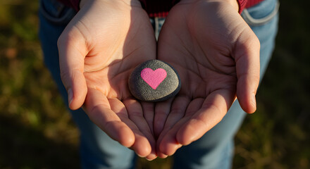  two human hands gently holding a small smooth stone with a pink heart painted on it. The hands are open and cupped together,