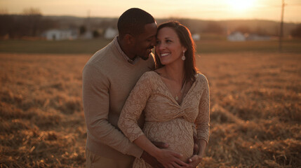 Expecting couple embraces at golden hour in a field, hands gently caressing the mother's baby bump. Warm, intimate moment captured at sunset. Interracial couple.