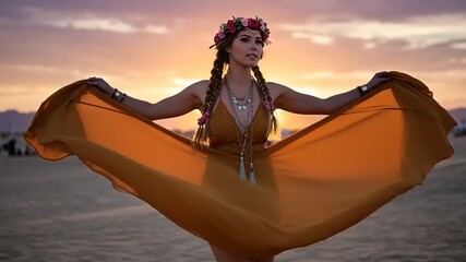 Woman in Flowing Dress at Sunset in Desert Landscape