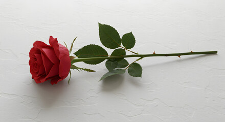 photograph of a single red rose with a long green stem and dark green leaves.