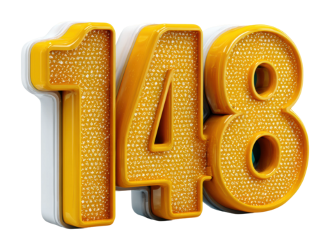 Bright yellow number 148 sign urban decorative creative environment view isolated on transparent background