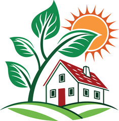 Eco House with Sun and Green Leaves Icon.