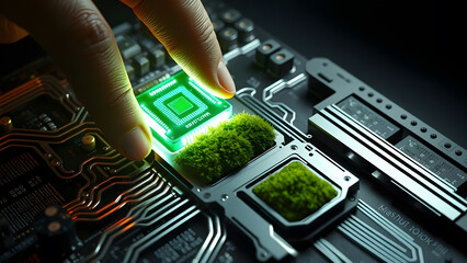 Hand places glowing green chip onto motherboard featuring lush moss, symbolizing sustainable green technology.
