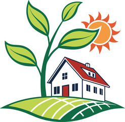 Eco House with Sun and Green Leaves Icon.