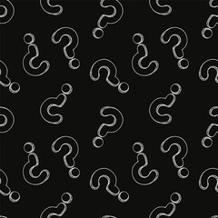 Black and white abstract seamless pattern of question marks with white outline in sketch style on a black background. Customer service, communication, faq help concept