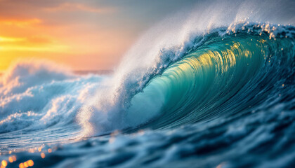 Close-up of a dynamic ocean wave illuminated by warm orange light, highlighting vivid water textures.

