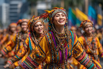 Group of Filipino dancers in traditional Mindanao attire mid-performance during Kadayawan Festival, synchronized steps and joyful expressions. 