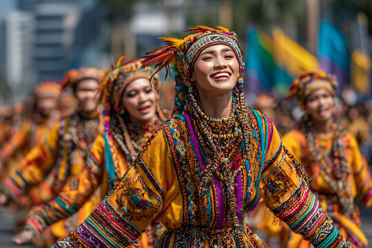 Group of Filipino dancers in traditional Mindanao attire mid-performance during Kadayawan Festival, synchronized steps and joyful expressions. 